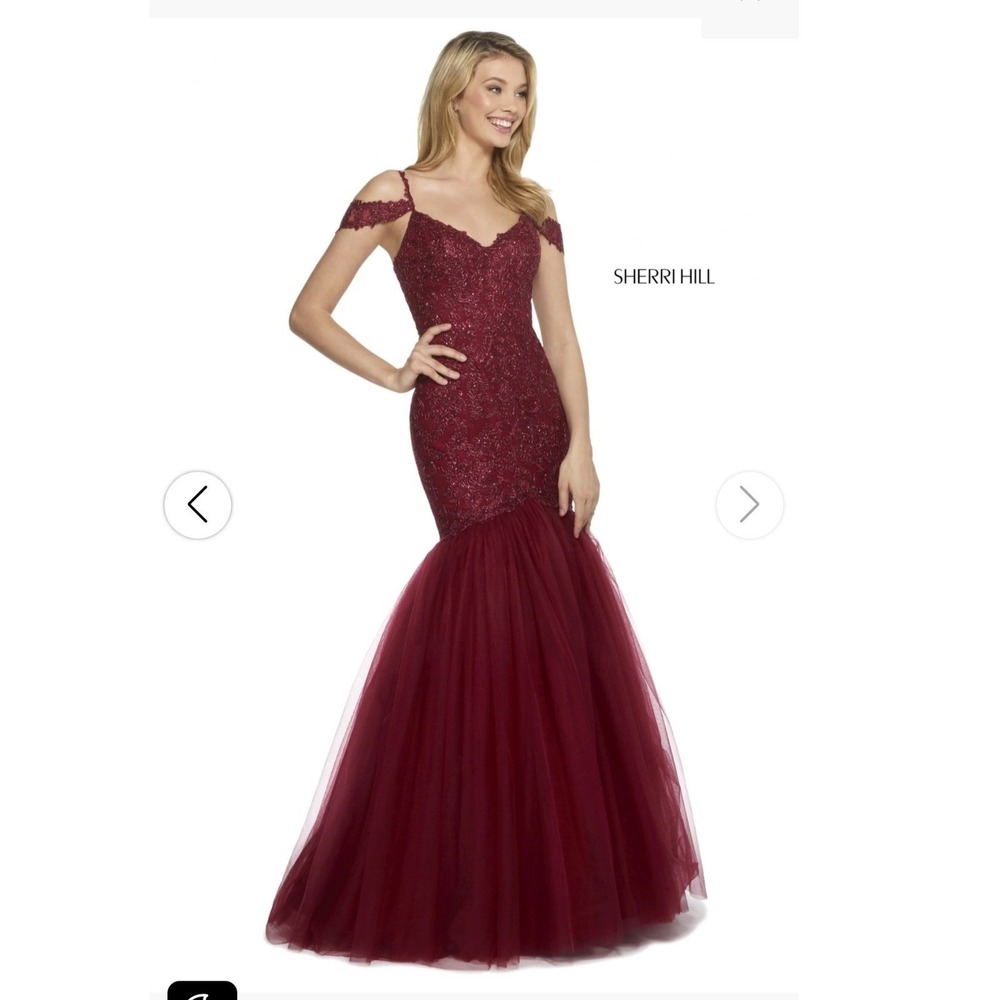 Sherri Hill Wine Red Lace Beaded Mermaid Prom Dress Off Shoulder Gown 51443 8